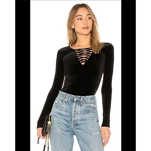 Revolve Bailey 44 Black Coven Lace Up Velvet Slim Fit Stretch Top Size Small - Picture 1 of 9